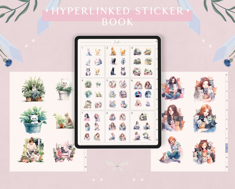 May include: A digital planner page with a grid of watercolour illustrations of cats and girls. The illustrations are in shades of pink, blue, and green. The planner page is labelled "Hyperlinked Sticker Book".