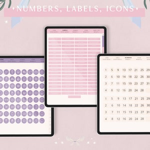 May include: Three digital planner pages with a pink and purple colour scheme. The first page features a grid of icons, the second page has a grid of labels, and the third page has a grid of numbers.