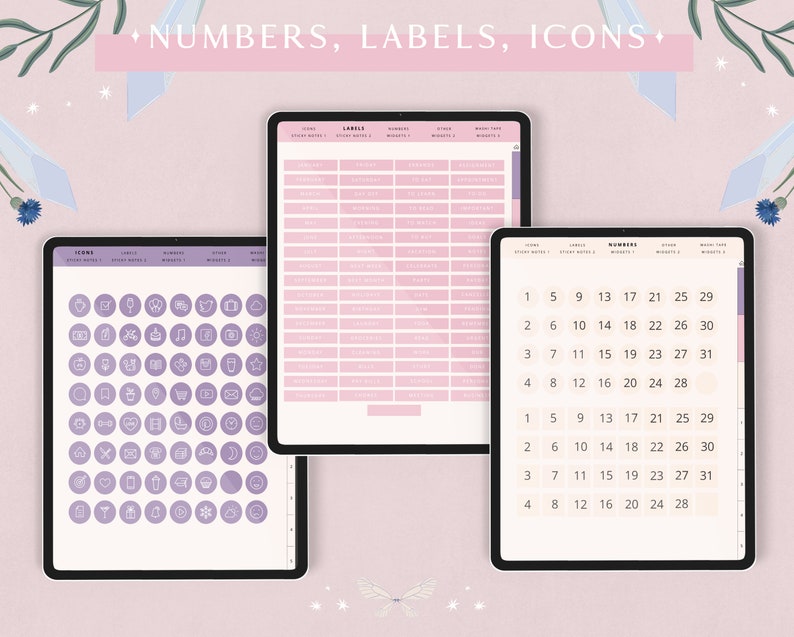 May include: Three digital planner pages with a pink and purple colour scheme. The first page features a grid of icons, the second page has a grid of labels, and the third page has a grid of numbers.