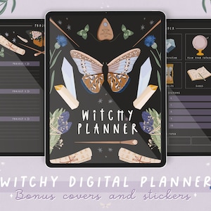 May include: A digital planner with a black background and a butterfly illustration. The planner has a witchy theme with crystals, herbs, and a scroll. The text "Witchy Planner" is written in white letters.