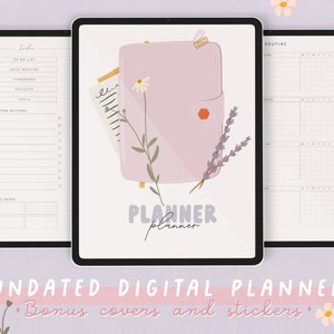 May include: A digital planner app on a tablet screen with a pink planner cover illustration, flowers, and the text "PLANNER planner". The app includes sections for to-do lists, daily routines, projects, goals, and a routine tracker.