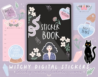 Digital witchy planner stickers | Digital sticker book | Good notes stickers | Digital sticky notes, widgets, labels icons, washi tape