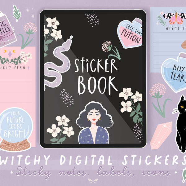 Digital witchy planner stickers | Digital sticker book | Good notes stickers | Digital sticky notes, widgets, labels icons, washi tape