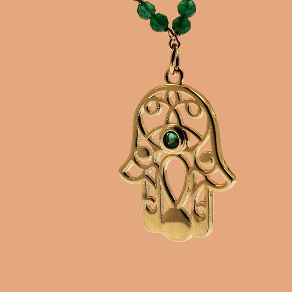 Collier avec médaille - Argent 925/000 - Plaqué or rose 18 carats | onyx vert | perles de culture d'eau douce