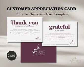 Modern Thank You Card Template - Small Business, Customizable Format, Printable Layout, editable on Canva - Customer Appreciation Insert