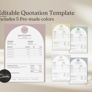 Sales Quote Quotation template with contemporary arch design suitable for small businesses and freelancers in alternative color schemes of dusty pink, mustard yellow, sage green, silver grey, dusty blue