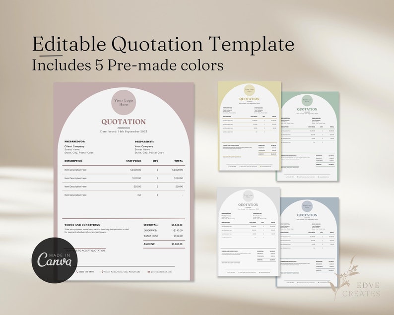 Sales Quote Quotation template with contemporary arch design suitable for small businesses and freelancers in alternative color schemes of dusty pink, mustard yellow, sage green, silver grey, dusty blue