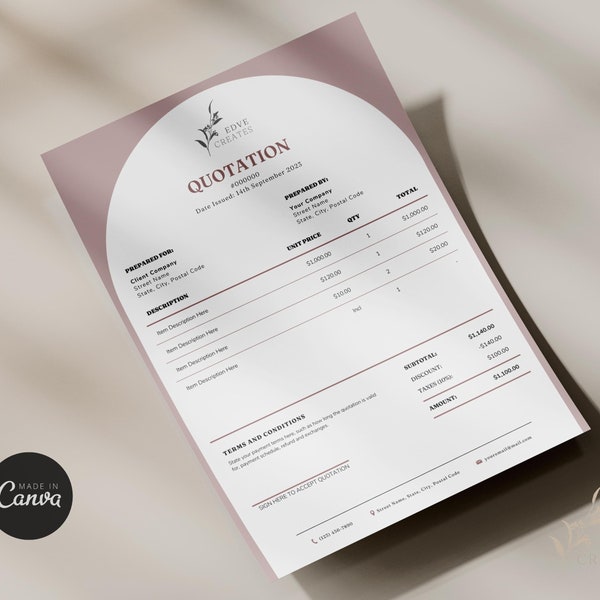 Quotation Template - Small Business, Freelancer, Customizable Format, Digital Layout, Printable, editable on Canva - Sales Estimate Quote