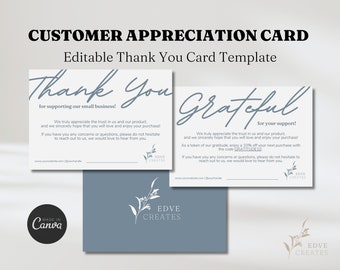 Elegant Thank You Card Template - Small Business, Customizable Format, Printable Layout, editable on Canva - Customer Appreciation Insert