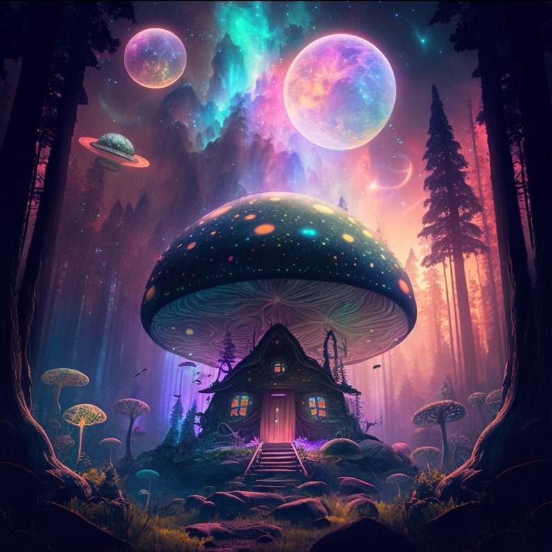 Trippy Mushroom House Deep In The Enchanted Forrest Art image 1