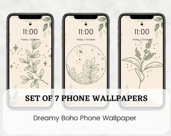 Natürliche Creme Telefon Wallpapers, Boho Wallpaper iPhone, Minimalistische Smartphone Wallpaper Set, iPhone Ästhetischer Hintergrund, Botanischer Hintergrund