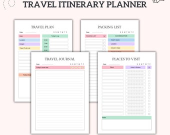 Op de afbeelding: Printbare reisplanner met vier pagina's: Reisplan, Paklijst, Reisdagboek en Bezienswaardigheden. Elke pagina heeft een kalender, vinkjes en ruimte om te schrijven.