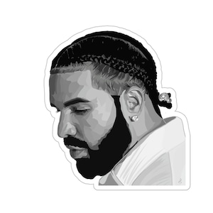 May include: Black and white illustration of a man with a beard and braided hair. He is wearing a white shirt and has a serious expression on his face.