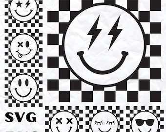 Smiley a scacchi SVG PNG, Smiley Face svg png, Smiley face retrò svg, Smiley face alla moda