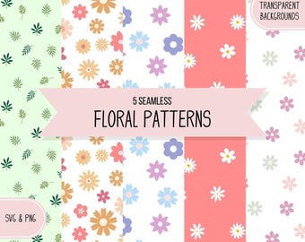 5 motivi floreali senza soluzione di continuità, motivo senza soluzione di continuità SVG, motivo a margherita SVG, stampa con motivo botanico, fiore carino SVG