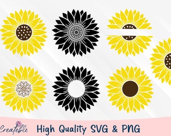 May include: A collection of sunflower designs in yellow and black. The sunflowers have detailed petals and brown centers. Some designs are solid, while others have intricate patterns. The text "Createble High Quality SVG & PNG" is at the bottom.