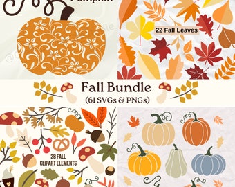Pacchetto SVG autunnale, Pacchetto SVG di zucca, Foglie autunnali SVG, Pacchetto SVG del Ringraziamento, Pacchetto Clipart autunnale