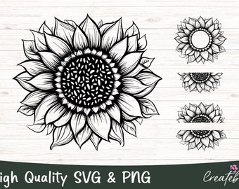 Girasole in formato svg, bundle di girasoli in formato svg png, file di taglio floreale Cricut, silhouette, monogramma di girasole in formato svg, mezzo girasole in formato svg, estate in formato svg