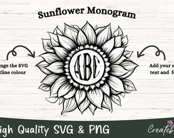 Girasole Monogramma SVG PNG, Fiore Monogramma SVG, Girasole png, File di taglio Girasole SVG, Estate SVG