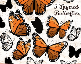 Farfalla a strati SVG, Monarca SVG, Monarca PNG, Bundle di farfalle svg, Clipart di farfalle, Silhouette di farfalle