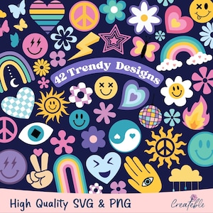 Paquete SVG de moda, cara sonriente svg png, paquete SVG retro, arcoíris bohemio svg, paz svg