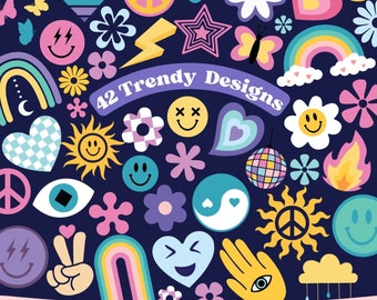 Trendy SVG Bundle, Smiley Face svg png, Retro svg bundle, boho rainbow svg, peace svg