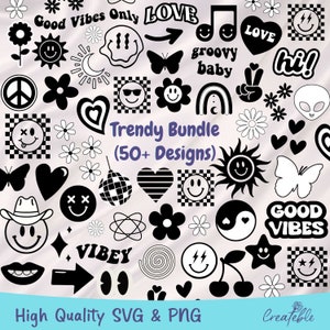 Happy Face SVG PNG, Retro SVG Bundle, Groovy svg bundle, Retro Daisy Svg, Trendy svg bundle, Cricut Silhouette png, boho svg, Butterfly Svg,
