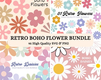 Boho Retro Flower SVG PNG Bundle, Retro Floral svg Bundle, Retro Daisy svg, Groovy Flower svg, Cute Flower svg Bundle, Cricut Flower Bundle