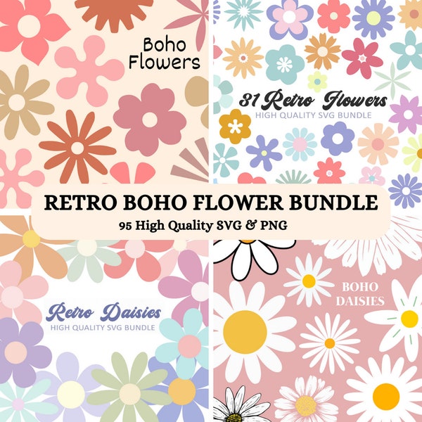 Boho fleur rétro SVG PNG Bundle, svg floral rétro, Daisy rétro svg, svg fleur groovy, jolie fleur svg, lot de fleurs Cricut