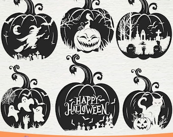 Pacchetto di zucche di Halloween, Silhouette di zucca SVG, Zucca SVG PNG, Zucca carina svg, Gatto nero svg