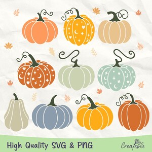 May include: Set of nine pumpkin illustrations in various colors and patterns. The pumpkins are outlined in black and have a variety of designs, including stars, hearts, and moons. The pumpkins are arranged in a grid pattern on a white background.