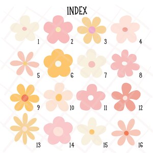 K&ouml;nnte beinhalten: Index mit 16 verschiedenen Blumendesigns. Die Blumen sind in verschiedenen Schattierungen von Rosa, Gelb und Creme. Jede Blume hat ein einfaches, stilisiertes Design mit f&uuml;nf Bl&uuml;tenbl&auml;ttern.