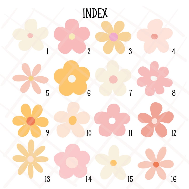 K&ouml;nnte beinhalten: Index mit 16 verschiedenen Blumendesigns. Die Blumen sind in verschiedenen Schattierungen von Rosa, Gelb und Creme. Jede Blume hat ein einfaches, stilisiertes Design mit f&uuml;nf Bl&uuml;tenbl&auml;ttern.