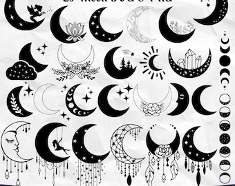 Pacchetto SVG luna, luna floreale SVG PNG, clipart boho luna, luna e stelle in formato SVG, acchiappasogni luna, foresta luna in formato SVG,