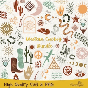 Western SVG PNG, Cowboy SVG, png Cactus svg, Clipart Far West, aztèque svg, svg soleil, lune svg, svg boho eye, fichier de coupe Cricut