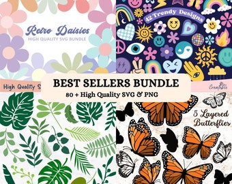 Pacchetto SVG PNG più venduto - Retro Daisy SVG, Farfalla a strati in formato SVG, Trendy in formato SVG, Foglia tropicale in formato SVG