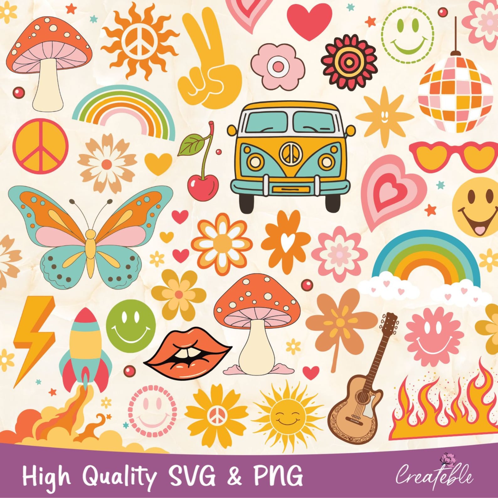 Hippie SVG Bundle, Hippie Flower SVG, Groovy Clipart Bundle, Retro ...