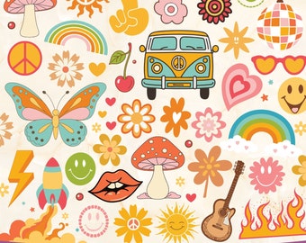 Hippie SVG Bundle, Hippie Flower SVG, Groovy Clipart Bundle, Retro Flower svg, Boho Hippie Clipart, Retro Daisy, Hippie Elements
