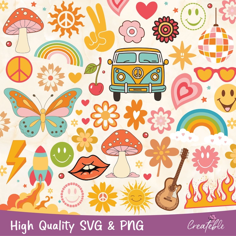 Hippie SVG Bundle, Hippie Flower SVG, Groovy Clipart Bundle, Retro ...