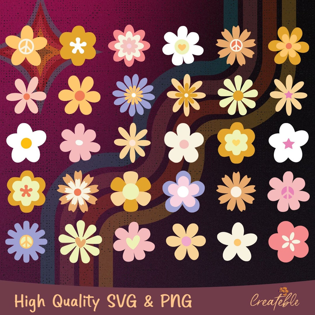 Hippie Flowers SVG PNG, Groovy Flower SVG, Retro Flower Svg, Hippie ...