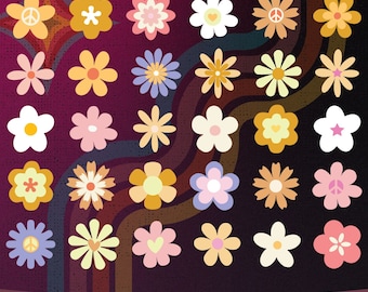 Hippie Flowers SVG PNG, Groovy Flower SVG, Retro Flower SVG, Hippie Clipart, Vintage Flower, Hippie Elements