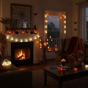 Op de afbeelding: Een verzameling Halloween-decoraties, waaronder een lichtsnoer met gloeiende spookjes over een schoorsteenmantel, een lichtsnoer met verlichte pompoenen rond een deuropening en een decoratieve boom met kleine oranje pompoenornamenten.