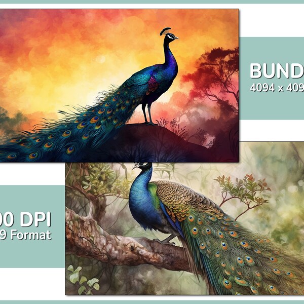 Peacock in Nature Motif Bundle #01 - 8x high quality watercolor motifs, paintings, posters, wall art, canvas, illustration, prints, forest