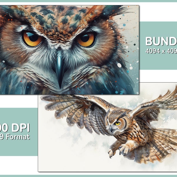 Owl in nature motif bundle #01 - 8x high quality watercolor motifs, paintings, posters, wall art, canvas, illustration, prints, forest