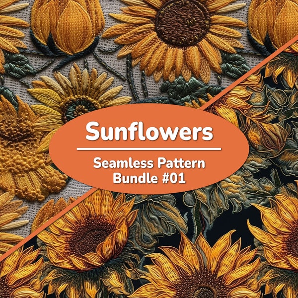 Embroidered Sunflowers Seamless Pattern - 4 High Quality Motifs - Vintage, Brocade, Boho, Texture, Fabric, Print, Cover, Paper, Embroidery