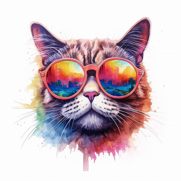 Cool Cats With Sunglasses Clipart Bundle, Digital Download, Watercolor Clip Art, Wall Decor, Scrapbooking, Craft Supplies, Paper Craft