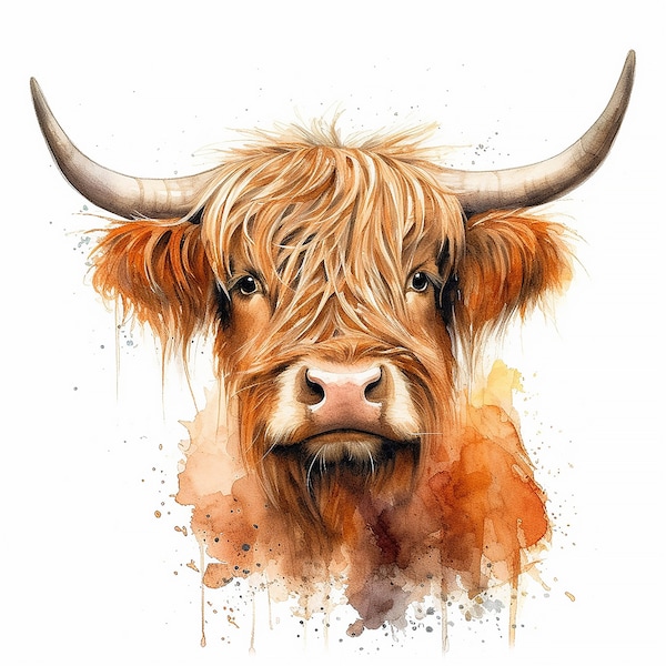 Highland Cow Clipart Bundle - Téléchargement numérique, Clipart aquarelle, Décoration murale, Scrapbooking, Fournitures d'artisanat, Artisanat en papier, Animaux, Bovins