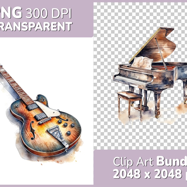 Music Instruments Clipart Bundle - 8x detailed watercolor designs - PNG with transparent background - Commercial Use