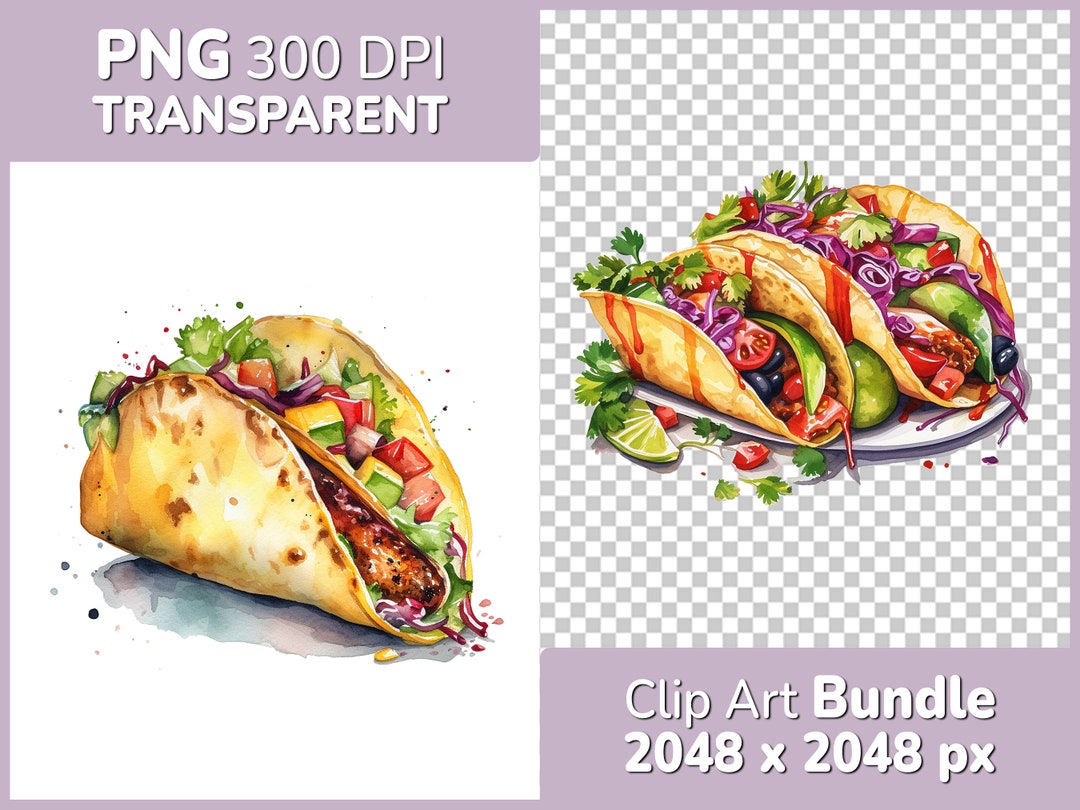 Tacos Mexican Clipart Bundle 8x Detailed Watercolor Designs PNG ...