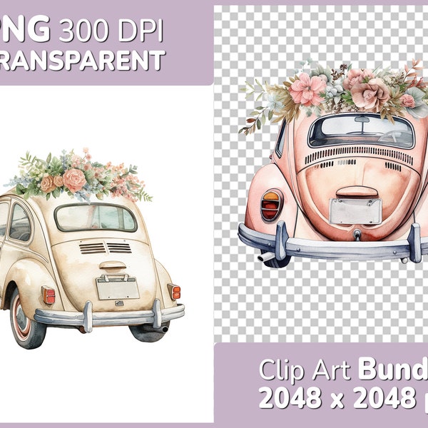 Wedding Car Clipart Bundle - 8x detailed watercolor motifs - PNG transparent background - Commercially usable, occasion, wedding ceremony